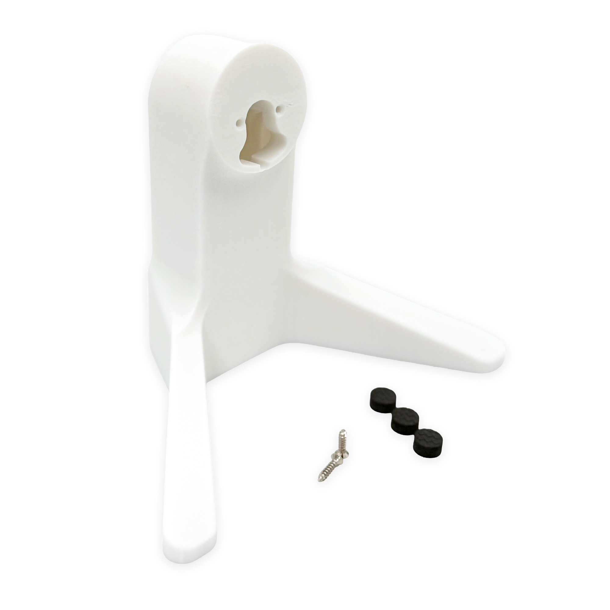 The Perch tabletop camera mount in white, shown with its included hardware